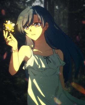1girl ashita_(tthegufd) blue_hair blurry blurry_background brown_eyes dress fireflies forest glowing hand_up highres idolmaster idolmaster_(classic) kisaragi_chihaya long_hair nature outdoors parted_lips sleeveless sleeveless_dress solo upper_body watermark white_dress