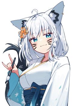 1girl :3 absurdres ahoge animal_ear_fluff animal_ear_piercing animal_ears blue_hakama braid calligraphy_brush closed_mouth commentary deaver drawn_whiskers english_commentary flower fox_ears fox_girl fox_shadow_puppet hair_flower hair_ornament hakama hakama_skirt highres holding holding_calligraphy_brush holding_paintbrush hololive japanese_clothes kanzashi kimono long_hair looking_at_viewer low_ponytail official_alternate_costume paintbrush ponytail shirakami_fubuki shirakami_fubuki_(new_year) side_braid simple_background single_braid skirt solo upper_body virtual_youtuber white_background white_hair white_kimono wide_sleeves