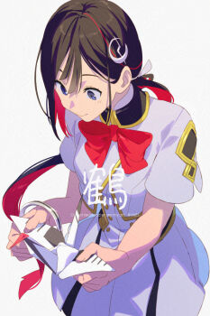 1girl black_hair blue_eyes bow bowtie bracelet breasts cropped_shirt dress echo_(circa) fate/grand_order fate_(series) hair_ornament jeunesse_crane_(fate) jeunesse_crane_(second_ascension)_(fate) jewelry long_hair medium_breasts miss_crane_(fate) multicolored_hair origami paper_crane ponytail red_hair shirt short_sleeves solo translation_request two-tone_hair white_dress white_shirt