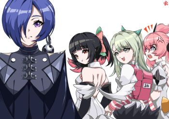 Rule 34 | 4girls, anger vein, aria (human) (zenless zone zero), aria (zenless zone zero), arm warmers, bag, bare shoulders, black cloak, black hair, blue eyes, blue hair, cloak, closed mouth, colored inner hair, commentary, crescent, crescent earrings, distracted boyfriend (meme), dress, earrings, english commentary, fur-trimmed skirt, fur trim, green eyes, green hair, hair between eyes, hair over one eye, highres, jewelry, jpno, looking at another, looking back, meme, multicolored hair, multiple girls, nangong yu, open mouth, parted lips, pink arm warmers, pink bag, pink hair, promeia (zenless zone zero), purple eyes, red eyes, shirt, shoulder blades, simple background, skirt, striped arm warmers, sunna (zenless zone zero), white background, white dress, white shirt, white wings, wings, zenless zone zero