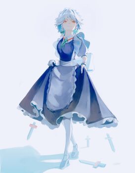 1girl absurdres apron blue_sky blue_vest bow braid green_bow hair_bow highres izayoi_sakuya knife looking_at_viewer maid_apron maid_headdress pantyhose red_eyes shadow shirt short_hair side_braid skirt_hold sky solo touhou vest walking white_background white_hair white_pantyhose white_shirt yuhel