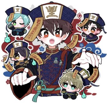 5boys bell black_hair blue_hair bright_pupils brown_hair chibi commentary ensemble_stars! flower green_eyes hair_over_one_eye highres jiangshi_costume long_sleeves looking_at_viewer male_focus mani_(pukakaka09) morisawa_yuu multicolored_hair multiple_boys nagumo_tetora official_alternate_costume one_eye_closed one_eye_covered open_mouth orange_eyes parted_bangs red_eyes red_hair ryuuseitai_(ensemble_stars!) sengoku_shinobu shinkai_kanata short_hair sleeves_past_fingers sleeves_past_wrists streaked_hair sweet_halloween_(ensemble_stars!) takamine_midori teeth two-tone_hair upper_teeth_only white_background white_pupils yellow_eyes