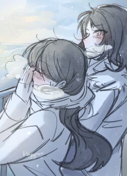 2girls bang_dream! bang_dream!_it's_mygo!!!!! black_hair blush breath chinese_commentary commentary_request highres long_hair long_sleeves multiple_girls shiina_taki sketch yahata_umiri yoyoray20001996