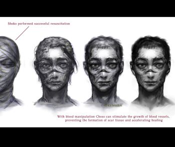 1boy alternate_universe black_hair burnt choso_(jujutsu_kaisen) english_text facial_mark healing injury jujutsu_kaisen katenikii male_focus portrait progression twitter_username