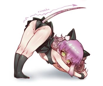 animal_ear_fluff animal_ears ass black_dress black_panties black_socks black_souls black_souls_2 black_wrist_cuffs breasts cat_stretch cheshire_cat_(black_souls) curly_hair debuffs_only double_bun dress english_text furrowed_brow glowing glowing_eyes hair_between_eyes hair_bun looking_at_viewer multicolored_hair panties pink_hair small_breasts socks stretching tail_raised underwear white_background wrist_cuffs yellow_eyes