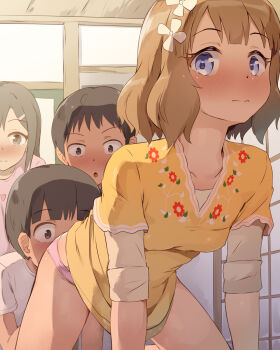 2boys 2girls :o age_difference all_fours black_hair blouse blue_eyes blush brown_hair closed_mouth clothes_lift collarbone commentary_request dress dress_lift floral_dress floral_print flower hair_flower hair_ornament hairclip heart heart_print highres idolmaster idolmaster_million_live! implied_cunnilingus indoors kodomo_doushi layered_clothes loli looking_at_another looking_at_pussy multicolored_dress multiple_boys multiple_girls onee-shota open_mouth panties panty_peek pink_panties pink_shirt print_clothes print_dress seneto shirt shirt_under_dress short_hair short_sleeves shota suou_momoko underwear underwear_peek white_shirt yellow_dress