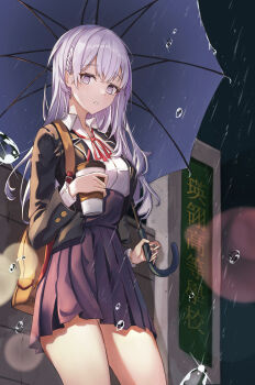 Rule 34 | 1girl, absurdres, backpack, bag, black jacket, black skirt, coffee mug, commentary, commission, cup, dabrew, highres, jacket, long hair, mug, original, purple eyes, purple hair, rain, school uniform, shirt, skirt, standing, umbrella, untranslatable commentary, white shirt, yellow bag