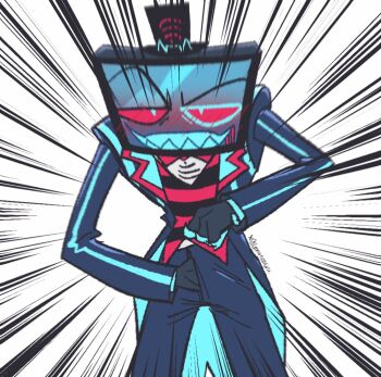 Rule 34 | 1boy, black hat, blood, blood from mouth, blue pants, blue suit, blue teeth, blush, bow, bowtie, closed mouth, cocked eyebrow, colored teeth, commentary, english commentary, flat screen tv, formal clothes, grin, hand in pants, hashtag-only commentary, hat, hazbin hotel, hellaverse, lemoncatyu, looking at viewer, male focus, object head, pants, red bow, red bowtie, shirt, smile, solo, striped clothes, striped shirt, suit, symbol-shaped pupils, television, top hat, triangle-shaped pupils, twitter username, vox (hazbin hotel), wi-fi symbol