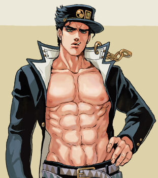 1boy abs bare_pectorals belt black_coat black_hat cigarette coat commentary_request gakuran hand_on_own_hip hat hip_bones jojo_no_kimyou_na_bouken kuujou_joutarou lanxjourney male_focus no_shirt pectorals pubic_hair pubic_hair_peek school_uniform solo stone_ocean upper_body