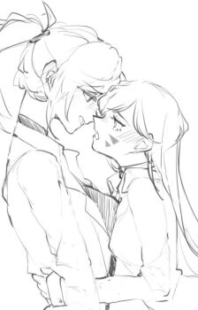 2girls age_difference blush d.va_(overwatch) face-to-face facial_mark hug imminent_kiss lab_coat long_hair looking_at_another mercy_(overwatch) monochrome multiple_girls mwo_imma_hwag overwatch overwatch_1 ponytail