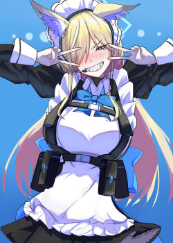 1girl :d alternate_costume animal_ear_fluff animal_ears apron blonde_hair blue_archive blue_bow blue_bowtie blue_eyes blue_halo blush bow bowtie bun_cover collared_shirt commentary_request cosplay dog_ears dog_girl double_v embarrassed enmaided frilled_apron frills hair_bun hair_over_one_eye halo headset highres kanna_(blue_archive) long_hair long_sleeves looking_at_another looking_at_viewer maid maid_apron maid_headdress meetnox nose_blush open_mouth sharp_teeth shirt shoulder_strap sidelocks simple_background single_hair_bun smile tearing_up teeth toki_(blue_archive) toki_(blue_archive)_(cosplay) turtleneck v white_apron