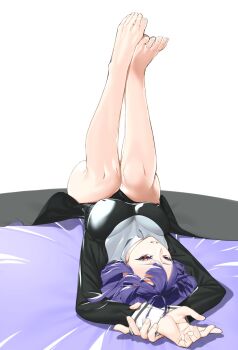 Rule 34 | 1girl, arms up, asagami fujino, bare legs, barefoot, black dress, commentary request, covered erect nipples, dress, eyelashes, feet, full body, highres, impossible clothes, impossible dress, kara no kyoukai, legs up, long hair, long sleeves, looking at viewer, lying, on back, parted lips, purple hair, red eyes, simple background, solo, toenails, toes, trick1601, very long hair