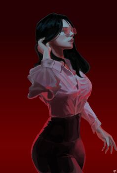 1girl absurdres adjusting_hair ass black_hair commentary cowboy_shot english_commentary highres l3xarts_17 long_hair looking_at_viewer morgan_(shadow_slave) red-tinted_eyewear red_eyes red_lips shadow_slave shirt shirt_tucked_in smirk solo tinted_eyewear underlighting walking white_shirt