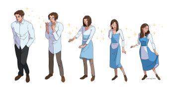 1boy 1girl 2021 absurdres apron belle_(disney) black_pants blue_dress breasts brown_hair brown_pants character_transformation commentary disney dress facial_hair hands_in_pockets highres medium_breasts mustache original pants sequential shirt signature sortimid sparkle transformation untucked_shirt waist_apron white_shirt