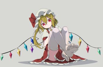 1girl :< absurdres artistic_error blonde_hair closed_mouth commentary_request cowboy_shot dated double-parted_bangs expressionless feet flandre_scarlet full_body grey_background hair_between_eyes hat hat_ribbon highres long_hair looking_at_viewer mob_cap pointy_ears puffy_short_sleeves puffy_sleeves red_eyes red_ribbon red_skirt red_vest ribbon shirt short_sleeves sitting skirt solo tami_(joemanyodw) thighhighs thighs touhou vest white_hat white_shirt white_thighhighs wings wrong_foot