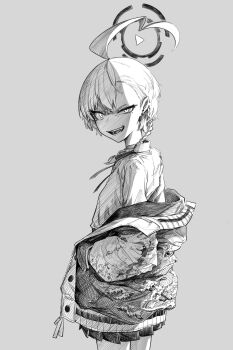 1girl ahoge blue_archive braid daresuki_05 fang flat_chest greyscale half-closed_eye halo hands_in_pockets highres jacket long_sleeves looking_at_viewer looking_to_the_side miniskirt mole mole_under_eye monochrome neru_(blue_archive) off_shoulder open_mouth pleated_skirt raised_eyebrow shirt short_hair sidelighting single_braid skirt smile smirk solo stud_piercings sukajan upper_body