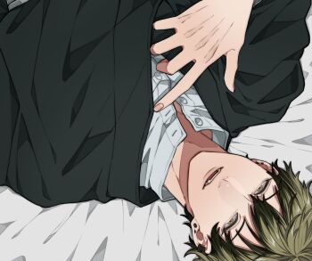 1boy black_eyeliner black_hair buttons colored_tips ear_piercing earrings eyeliner green_hair highres japanese_clothes jewelry jujutsu_kaisen looking_at_viewer lying makeup male_focus multicolored_hair on_back partially_unbuttoned piercing plusminus_0 short_hair simple_background solo streaked_hair two-tone_hair upper_body white_background zen&#039;in_naoya