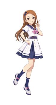 1girl bow brown_hair buttons dress forehead full_body hairband highres idolmaster idolmaster_(classic) idolmaster_tours minase_iori official_art puffy_sleeves red_eyes sailor_collar smile solo transparent_background
