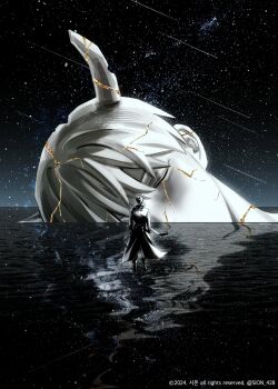 1boy absurdres black_coat black_hair boots coat commentary_request cracked_skin facing_away from_behind full_body highres horns kim_dokja kintsugi korean_commentary night omniscient_reader's_viewpoint open_clothes open_coat partially_submerged reflective_surface short_hair sion_428 sky solo standing standing_on_liquid star_(sky) starry_sky statue wind wind_lift yoo_joonghyuk