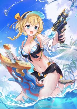 1girl :d absurdres another_eden armpits bikini black_bikini black_shorts blonde_hair blue_eyes blue_sky blush braid breasts cleavage cloud cowboy_shot crossed_bangs elseal_(another_eden) hair_between_eyes highres holding holding_water_gun innertube looking_at_viewer medium_breasts multicolored_bikini navel open_mouth outdoors sandals see-through_clothes see-through_shirt shirt short_hair short_shorts shorts side_braids sidelocks sky slime_(user_jpds8754) smile solo splashing swim_ring swimsuit two-tone_bikini visor_cap water water_gun white_sandals white_shirt