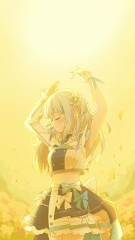 1girl absurdres arms_up back_bow black_skirt blue_bow blue_hair blue_necktie blunt_bangs bow skirt_bow buttons closed_eyes closed_mouth commentary crinoline cropped_jacket double-breasted field fins fish_tail flower flower_field gawr_gura grey_hair hair_bow half-skirt highres hololive hololive_english hololive_idol_uniform_(bright) idol_clothes jacket large_bow light_smile long_hair long_sleeves matcha_amigo midriff multicolored_hair necktie official_alternate_costume plaid_bow pleated_skirt puffy_long_sleeves puffy_sleeves shark_girl shark_tail short_necktie skirt solo streaked_hair tail two_side_up virtual_youtuber white_bow white_jacket white_skirt