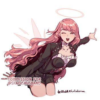 1girl absurdres arknights artist_name commentary commission cropped_legs energy_wings english_commentary halo highres kawa_(trilinterme) lemuen_(arknights) light_blush long_hair long_sleeves looking_at_viewer one_eye_closed open_mouth pink_eyes pink_hair pointing pointing_to_the_side simple_background solo twitter_username very_long_hair white_background