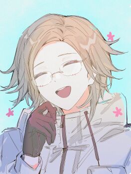 Rule 34 | 1boy, ^ ^, aotsuki eito, aqua background, black gloves, closed eyes, drawstring, film grain, glasses, gloves, grey hair, hand up, happy, happy aura, high collar, highres, hina!, jacket, long sleeves, male focus, open mouth, short hair, simple background, smile, solo, teeth, the hundred line -last defense academy-, upper teeth only, white jacket