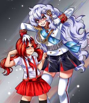 Rule 34 | 1girl, 2girls, aiguillette, alpha (alpha 1918), angry, armband, artist request, black skirt, black thighhighs, blue sash, buttons, clenched hands, clenched teeth, collar, communism-chan, cross, cross pendant, epaulettes, fighting, fluffy, fluffy hair, gloves, gold buttons, gold trim, hair ornament, lips, long hair, looking at viewer, military, military uniform, miniskirt, multiple girls, neckerchief, original, overall skirt, red eyes, red lips, red neckerchief, red skirt, russian empire, sash, shirt, skirt, sleeve cuffs, solo, teeth, thighhighs, v-shaped eyebrows, very long hair, white gloves, white hair, white shirt, white thighhighs