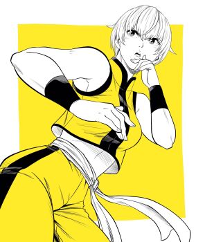 1girl breasts commentary_request cowboy_shot fighting_stance high-waist_pants highres lee_(dragon_garou) medium_breasts midriff open_mouth original pants partially_colored sash short_hair solo vest wristband yellow_background yellow_pants yellow_vest