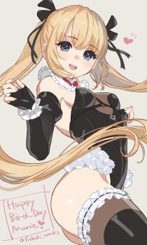 1girl :d artist_name ass black_gloves black_leotard black_ribbon black_thighhighs blonde_hair blue_eyes breasts chest_harness collar dead_or_alive dead_or_alive_xtreme dead_or_alive_xtreme_venus_vacation detached_collar elbow_gloves fingerless_gloves floating_hair frilled_collar frilled_leotard frilled_thighhighs frilled_wristband frills fubuki_(fakemonkey0224) gloves grey_background hair_ribbon happy_birthday harness heart highleg highleg_leotard highres leotard long_hair looking_at_viewer marie_rose open_mouth ribbon simple_background small_breasts smile solo teeth thighhighs twintails upper_teeth_only very_long_hair w_arms