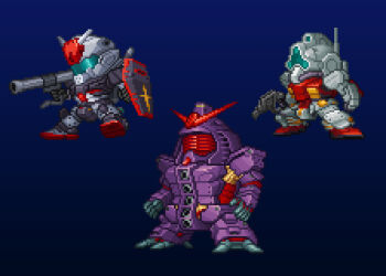 bazooka_(gundam) beam_cannon beam_rifle blue_visor cable chest_cannon chibi commentary_request earth_federation energy_gun gelgoog gelgoog_(gquuuuuux) gradient_background gundam gundam_gquuuuuux machinery mecha mecha_focus mobile_suit mui_(muilog3) original pixel_art psycho_gundam_(gquuuuuux) red_visor robot rx-78-02_gundam science_fiction sd_gundam shield v-fin weapon