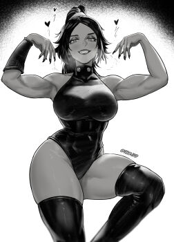 abs absurdres arm_guards artist_name biceps black_nails bleach blush commentary english_commentary eyeshadow grin heart heavy_breathing highleg highleg_leotard highres leotard looking_at_viewer makeup monochrome muscular muscular_female ponytail shihouin_yoruichi skindentation smile standing standing_on_one_leg strapless strapless_leotard thick_thighs thighhighs thighs thojad