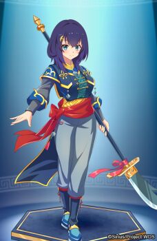 1girl blue_background blue_eyes blue_hair boots full_body hair_ornament hairclip holding long_hair long_sleeves looking_at_viewer medium_hair official_art pants polearm shizuka_(world_dai_star) smile solo spear standing watermark weapon world_dai_star