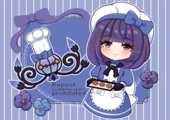 1girl absurdres alternate_costume apron baking_sheet black_hair black_mittens blue_dress blush bow chandelure chaton_(chatoncerisier) chibi chibi_only closed_mouth commentary_request dress flower food gen_5_pokemon gwynn_(pokemon) happy hat highres long_sleeves lumiose_galette mittens nintendo oven_mitts pokemon pokemon_(creature) pokemon_legends:_z-a puffy_sleeves smile waist_apron white_apron white_bow white_hat