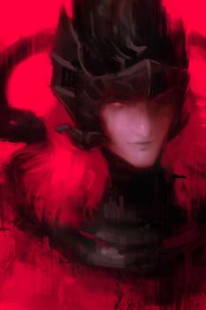 1boy alex_chow armor chainmail closed_mouth elden_ring elden_ring:_shadow_of_the_erdtree helmet highres long_hair messmer_the_impaler one_eye_closed ornate ornate_armor portrait red_background red_hair red_robe red_snake red_theme robe snake snake_on_shoulder solo winged_helmet yellow_eyes
