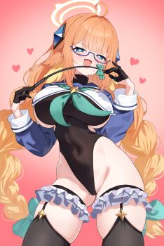 1girl :d ahoge black_gloves black_leotard blue_archive blue_shrug braid braided_twintails breasts cameltoe commentary_request covered_navel fang feather_hair feathers female_pubic_hair frills glasses gloves half_gloves halo heart heart-shaped_pupils highres holding holding_riding_crop impossible_clothes impossible_leotard large_breasts leotard long_hair looking_at_viewer low_twin_braids open_mouth orange_hair pubic_hair pubic_hair_peek riding_crop shimiko_(blue_archive) shimiko_(magical)_(blue_archive) shrug_(clothing) simple_background sketch skin_fang smile solo symbol-shaped_pupils tansui_san_(tcjp4784) twin_braids very_long_hair yellow_feathers yellow_halo