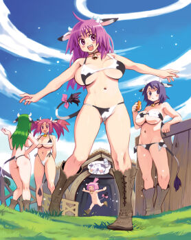 00s 2009 5girls animal_ears animal_print barn bell bikini blush boots breasts cleavage cleft_of_venus cloud cow cow_girl cow_print cow_tail cowbell day eating grass green_hair groin hand_on_own_hip horns huge_breasts leaning long_hair midriff multiple_girls navel new_year nude open_mouth original outdoors pink_hair plump purple_hair ranch ribbon ryoji_(nomura_ryouji) short_hair side-tie_bikini_bottom sky smile string_bikini swimsuit tail tail_ornament tail_ribbon twintails women_livestock