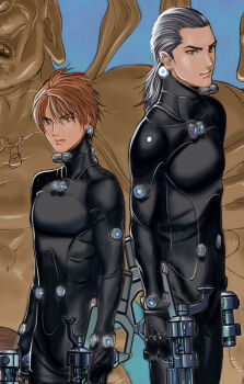 2boys black_bodysuit black_hair bodysuit brown_eyes brown_hair closed_mouth dual_wielding gantz gantz_suit gun hair_between_eyes hair_slicked_back height_difference highres holding holding_gun holding_weapon katou_masaru kurono_kei latex latex_bodysuit looking_at_viewer medium_hair multiple_boys official_art oku_hiroya short_hair skin_tight standing tsurime v-shaped_eyebrows weapon x-gun x-rifle