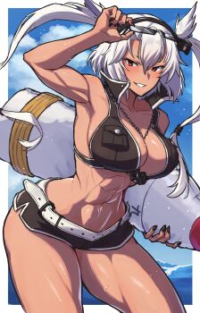 1girl abs black_nails blush breasts chain chain_necklace cloud commission dark-skinned_female dark_skin day glasses grey_hair grin highres holding holding_removed_eyewear inflatable_toy jewelry kamomasaki kantai_collection large_breasts long_hair looking_at_viewer musashi_(kancolle) musashi_(swimsuit)_(kancolle) muscular muscular_female nail_polish necklace outdoors pixiv_commission sky smile solo swimsuit toned twintails unworn_eyewear warrior water wet