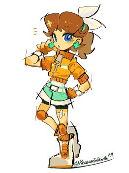 1girl artist_name bandaid bandaid_on_leg blue_eyes bow brown_hair cropped_jacket fingerless_gloves gloves hair_bow highres jacket long_hair mario_(series) mario_kart mario_kart_world nintendo orange_gloves orange_jacket pleasure2death ponytail princess_daisy princess_daisy_(touring) shoes shorts simple_background white_background white_bow white_shoes