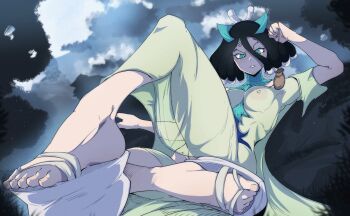 1girl absurdres aqua_eyes arm_up between_breasts black_hair breasts commentary commission convenient_leg covered_erect_nipples dr._stone dress english_commentary feet foot_focus foreshortening green_dress hair_between_eyes hair_ornament highres holding impossible_clothes impossible_dress kirisame_(dr._stone) knee_up large_areolae legs looking_at_viewer medium_breasts medium_hair on_ground orphen_(pink_seito) outdoors pixiv_commission platform_clogs platform_sandals sandals see-through_clothes see-through_dress shadow sitting solo toenails toes turtleneck v-shaped_eyebrows
