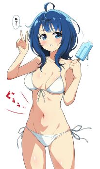 Rule 34 | 1girl, :o, ;), absurdres, ahoge, bare shoulders, bikini, blue eyes, blue hair, blush, breasts, breasts apart, cowboy shot, eggman (ni tamagoex), food, halterneck, highres, holding, holding food, holding popsicle, hungry, make heroine ga oo sugiru!, medium breasts, medium hair, navel, one eye closed, popsicle, revision, side-tie bikini bottom, simple background, smile, solo, speech bubble, stomach, stomach growling, string bikini, sweat, swimsuit, thighs, translated, v, variant set, white background, white bikini, yanami anna