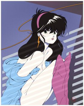 1girl absurdres ayukawa_madoka black_hair blue_shirt boots breasts commentary earrings english_commentary flat_color fritz_willie green_eyes hairband highres jewelry kimagure_orange_road knee_boots knees_to_chest lightning_bolt_earrings lightning_bolt_symbol long_hair naked_shirt pink_boots pink_hairband retro_artstyle shirt sitting solo