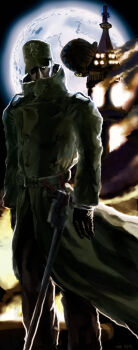 aircraft airship backlighting captain_(hellsing) doomsplosion full_moon gun handgun hat hellsing holding mauser_c96 military military_hat military_uniform millenium_(hellsing) moon nazi tan weapon white_hair