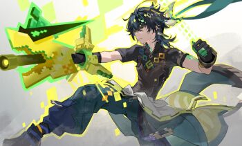 1boy ajaw_(genshin_impact) aqua_headband aqua_pants arm_tattoo black_gloves black_hair black_shirt closed_mouth commentary_request crossed_bangs earrings genshin_impact gloves green_eyes green_hair green_headband hair_between_eyes headband highres jewelry kinich_(genshin_impact) large_earrings male_focus mochuuuuuuu multicolored_hair multicolored_pants pants shirt short_hair short_sleeves spiked_ear_piercing streaked_hair tattoo two-tone_gloves