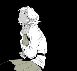 Rule 34 | 1boy, androgynous, black background, colored skin, crying, crying with eyes open, dungeon meshi, elf, grey eyes, grey skin, hand up, highres, limited palette, long sleeves, looking up, male focus, mithrun, notched ear, parted lips, pointy ears, robodumpling, short hair, simple background, tears, upper body
