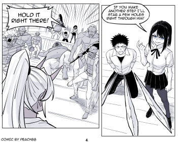 Rule 34 | 2girls, 6+boys, abs, belt, billy (peach88), blue eyes, clenched teeth, club (weapon), collared shirt, delinquent, eyepatch, greyscale, highres, holding, holding club, holding weapon, horns, kirika (peach88), kneeling, long hair, monochrome, multiple boys, multiple girls, oni, orc, original, over shoulder, pants, pantyhose, peach88, pleated skirt, ponytail, school uniform, shirt, shoes, short hair, skirt, spiked hair, spot color, sweat, teeth, tusks, weapon, weapon over shoulder, yuki (peach88)