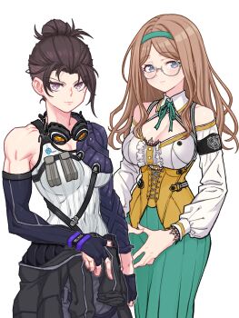 Rule 34 | absurdres, alternate hair length, alternate hairstyle, aqua hairband, aqua ribbon, aqua skirt, bang dream!, bang dream! it's mygo!!!!!, black gloves, blue eyes, blush, breasts, brown hair, cleavage, closed mouth, clothes around waist, commentary request, corset, eyelashes, fingerless gloves, glasses, gloves, goggles, goggles around neck, hair bun, hairband, highres, long hair, long sleeves, mole, mole under eye, nagasaki soyo, neck ribbon, purple eyes, ribbon, semi-rimless eyewear, shiina taki, shirt, short hair, simple background, single bare shoulder, single hair bun, skirt, tengukito, toned, toned female, undercut, white background, white shirt, yellow corset