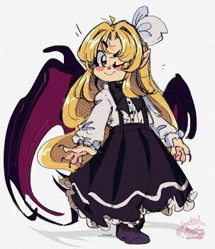 Rule 34 | 1girl, ahoge, alternate hairstyle, artist logo, bat wings, black collar, black shoes, black skirt, black suspenders, blonde hair, blush, bow, center frills, closed mouth, collar, commentary, commission, curtained hair, english commentary, fingernails, frilled skirt, frilled sleeves, frills, hair bow, hair intakes, highres, kurumi (touhou), logo, long fingernails, long hair, long skirt, long sleeves, looking at viewer, noctiilio, notice lines, one eye closed, pointy ears, red nails, shirt, shoes, simple background, sketch, skirt, smile, solo, touhou, touhou (pc-98), twitter username, vampire, very long hair, white background, white bow, white shirt, wings, yellow eyes
