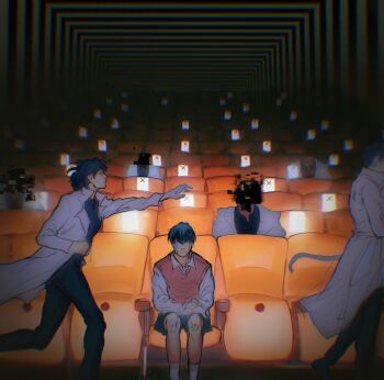 1girl 2boys :/ atmospheric_perspective bandaid bandaid_on_face bandaid_on_knee bandaid_on_leg black_hair black_shirt blurry brown_vest censored censored_identity chromatic_aberration clone coat collared_shirt depth_of_field distortion faceless hair_over_eyes hand_on_own_stomach highres kim_dokja lee_sookyung macaronijail multiple_boys oldest_dream omniscient_reader&#039;s_viewpoint reaching reaching_towards_another running shirt socks theater_seating too_many_clones vest white_coat white_shirt white_socks x_(symbol)